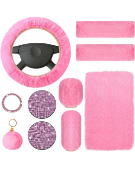 10 Pieces Fluffy Steering Wheel Covers Handbrake Cover Seat Belt Shoulder Pads Gear Shift Cover Diamond Tray Ignition Ring Ball Key Chain Armrest Box Mat (Pink)
