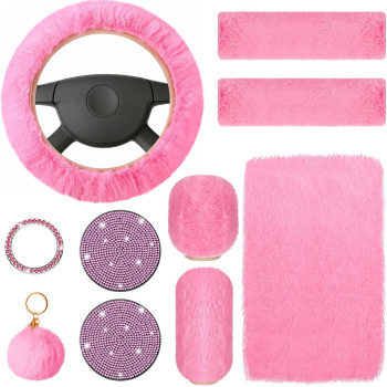 10 Pieces Fluffy Steering Wheel Covers Handbrake Cover Seat Belt Shoulder Pads Gear Shift Cover Diamond Tray Ignition Ring Ball Key Chain Armrest Box Mat (Pink)