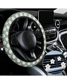 Cute Steering Wheel Cover Flower Steering Wheel Cover Floral Steering Wheel Cover For Girls With 4 Pieces Cute Flowers Car Air Vent Clips For Women Girls Car Decorations (Fresh Pattern)