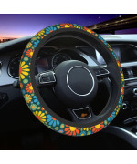 Cute Hippie Flower Steering Wheel Cover 15 Inches For Women Men, Neoprene Anti-Slip Floral Car Steering Wheel Grip Wrap Car Accessories Protective Case Cover For Vehicle Truck Suva