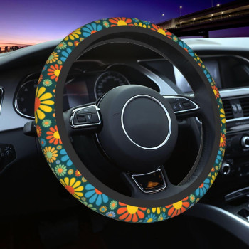 Cute Hippie Flower Steering Wheel Cover 15 Inches For Women Men, Neoprene Anti-Slip Floral Car Steering Wheel Grip Wrap Car Accessories Protective Case Cover For Vehicle Truck Suva