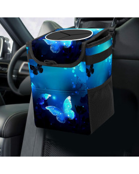 Blue Butterfly Glowing Car Trash Can With Lid Collapsible Reusable Waterproof Car Garage Bag,Automotive Garbage Can,Car Accessories Interior Car Organizer