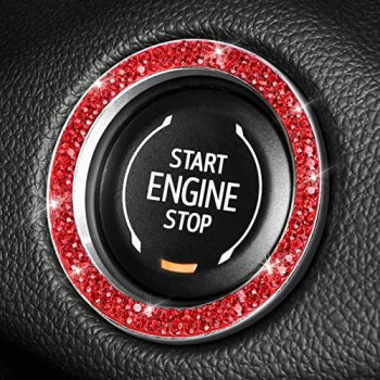 Tobequeen Red Push Start Button Bling Car Accessiries,Crystal Rhinestone Start Engine Car Bling Ring Emblem Sticker Interior Decoration,Push To Start Button Coversticker,Key Ignition Knob Ring,Red