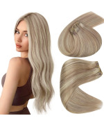 Sunny Blonde Human Hair Weft Extensions With Highlights - 70G Double Weft Sew In Hair Extensions In Ash Blonde Mix With Bleach Blonde Highlights, 12 Inches