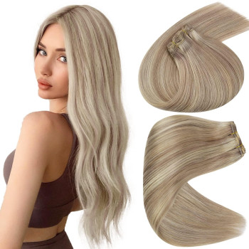 Sunny Blonde Human Hair Weft Extensions With Highlights - 70G Double Weft Sew In Hair Extensions In Ash Blonde Mix With Bleach Blonde Highlights, 12 Inches