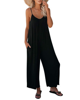 Roskiki Female Comfy Summer Jumpsuit Romper For Women Sexy Solid Color Sleeveless V Neck Wide-Leg Pants With Pockets Black Large