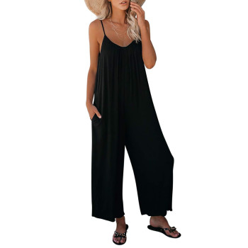 Roskiki Female Comfy Summer Jumpsuit Romper For Women Sexy Solid Color Sleeveless V Neck Wide-Leg Pants With Pockets Black Large