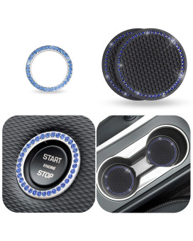 Econour Car Cup Coasters Black (2 Pack) With Blue Push Start Button Bling Ring (1 Pack) Anti-Slip Car Coasters For Cup Holders Classy & Elegant Blue Rhinestone Car Interior Accessories For Women