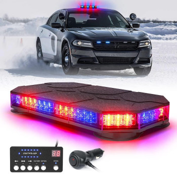 Xprite Led Rooftop Strobe Beacon Lights, W Magnetic Emergency Traffic Security Hazard Warning Police Lightbar W 38 Flashing Modes & Controller, For Volunteer Firefighter Pov Vehicles Trucks-Red&Blue