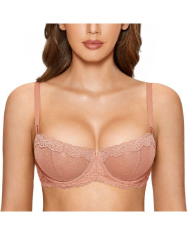 Dobreva Womens Sexy Lace Bra Underwire Balconette Unlined Demi Sheer Plus Size Cream Coffee 42E