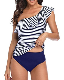 Yonique Womens Two Piece Swimsuits One Shoulder Tankini Tummy Control Bathing Suits Ruffle Swimwear Blue Stripe M