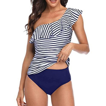 Yonique Womens Two Piece Swimsuits One Shoulder Tankini Tummy Control Bathing Suits Ruffle Swimwear Blue Stripe M