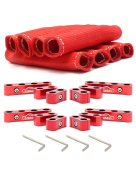 Ledaut Red 8Cyl Spark Plug Heat Shield Protector And 12Pc Engine Spark Plug Wire Separator Insulating Fire Sleeve Spark Plug Wire Protector With Divider Suit For 8Mm 9Mm 10Mm