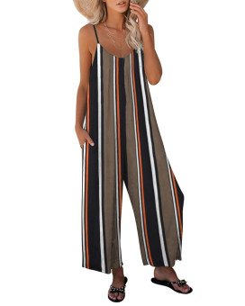 Roskiki Womens Stripes Casual V Neck Overalls Sexy Sleeveless Adjustable Spaghetti Strap Wide Leg Long Cropped Pants Pocketed Rompers Jumpsuits Medium C Brown