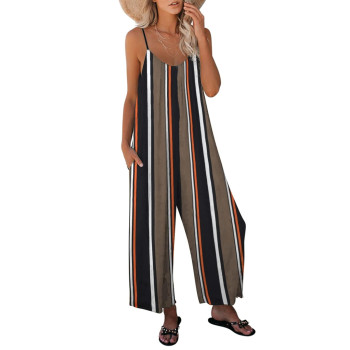 Roskiki Womens Stripes Casual V Neck Overalls Sexy Sleeveless Adjustable Spaghetti Strap Wide Leg Long Cropped Pants Pocketed Rompers Jumpsuits Medium C Brown