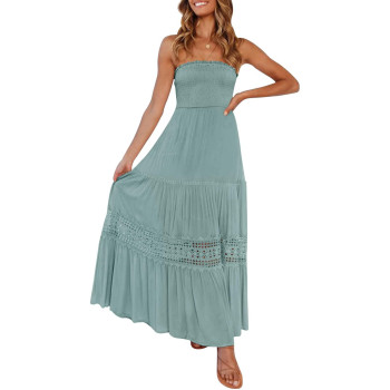 Zesica Womens 2023 Summer Bohemian Strapless Off Shoulder Lace Trim Backless Flowy A Line Beach Long Maxi Dress,Sage,Medium