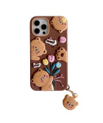 Yakvook For Iphone 1212 Pro Bear Phone Case, Kawaii Phone Cases 3D Silicone Cartoon Tulip Flower Cute Case With Bear Keychain Soft Rubber Shockproof Protector For Women Girls Brown