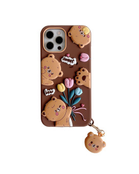 Yakvook For Iphone 1212 Pro Bear Phone Case, Kawaii Phone Cases 3D Silicone Cartoon Tulip Flower Cute Case With Bear Keychain Soft Rubber Shockproof Protector For Women Girls Brown