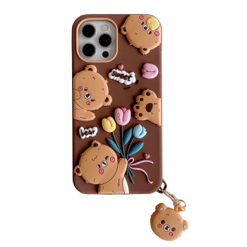 Yakvook For Iphone 1212 Pro Bear Phone Case, Kawaii Phone Cases 3D Silicone Cartoon Tulip Flower Cute Case With Bear Keychain Soft Rubber Shockproof Protector For Women Girls Brown