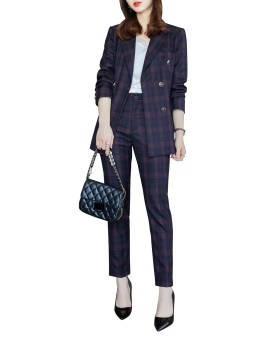 Womenas Two Piece Plaid Blazer And Pants Suit Set For Business Casual Office Lady Long Sleeve Button Closure Blazer And Pants