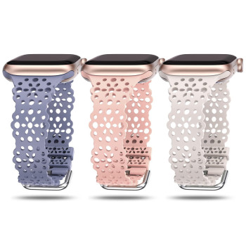 Toyouths 3 Packs Compatible With Apple Watch Band Women 414038Mm Soft Stretchy Silicone Lace Flower Cut-Outs Scalloped Breathable Waterproof Sweatproof Band For Iwatch Series 8 7 6 5 4 3 2 1 Se