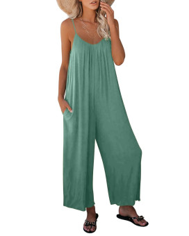 Roskiki Womens Loose Jumpsuits Plus Size Solid Color Summer Sleeveless V Neck Wide Leg Long Pants Plus Size Rompers One Piece Outfits Green 4X-Large