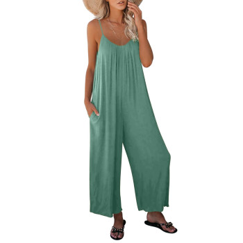 Roskiki Womens Loose Jumpsuits Plus Size Solid Color Summer Sleeveless V Neck Wide Leg Long Pants Plus Size Rompers One Piece Outfits Green 4X-Large