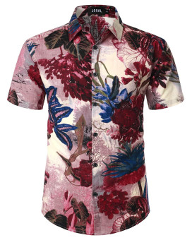 Jogal Mens Flower Casual Button Down Short Sleeve Hawaiian Shirt Winered X-Large