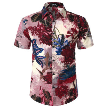 Jogal Mens Flower Casual Button Down Short Sleeve Hawaiian Shirt Winered X-Large