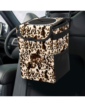 Brown Western Cow Print Car Trash Can With Lid Collapsible Reusable Waterproof Car Garage Bag,Automotive Garbage Can,Car Accessories Interior Car Organizer