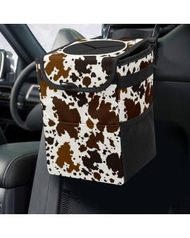 Western Brown Black Cow Print Car Trash Can With Lid Collapsible Reusable Waterproof Car Garage Bag,Automotive Garbage Can,Car Accessories Interior Car Organizer