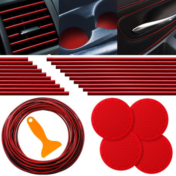 25 Pack Interior Car Accessories, 32 Feet Car Interior Moulding Trim, 20 Car Vent Trim Strips And 4 Car Cup Holder Decorative Filler Insert Strip Auto Non Slip Insert With Scraper (Red)