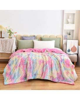 Newcosplay Super Soft Faux Fur Throw Blanket Premium Sherpa Backing Warm And Cozy Throw Decorative For Bedroom Sofa Floor (Light Rainbow, Queen(90X90))