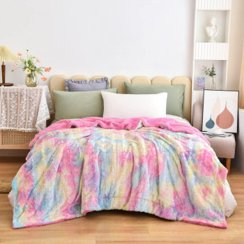 Newcosplay Super Soft Faux Fur Throw Blanket Premium Sherpa Backing Warm And Cozy Throw Decorative For Bedroom Sofa Floor (Light Rainbow, Queen(90X90))