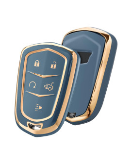 Elohei Key Fob Cover For Cadillac, Key Fob Case For 2015-2019 Cadillac Escalade Cts Srx Xt5 Ats Sts Ct6 5-Buttons Premium Soft Tpu 361 Degree Full Protection (Gold Edge Grey)