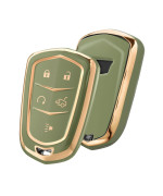 Elohei Key Fob Cover For Cadillac, Key Fob Case For 2015-2019 Cadillac Escalade Cts Srx Xt5 Ats Sts Ct6 5-Buttons Premium Soft Tpu 361 Degree Full Protection (Gold Edge Green)