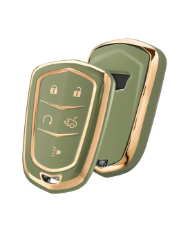 Elohei Key Fob Cover For Cadillac, Key Fob Case For 2015-2019 Cadillac Escalade Cts Srx Xt5 Ats Sts Ct6 5-Buttons Premium Soft Tpu 361 Degree Full Protection (Gold Edge Green)