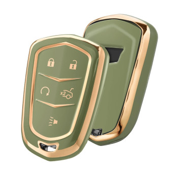 Elohei Key Fob Cover For Cadillac, Key Fob Case For 2015-2019 Cadillac Escalade Cts Srx Xt5 Ats Sts Ct6 5-Buttons Premium Soft Tpu 361 Degree Full Protection (Gold Edge Green)