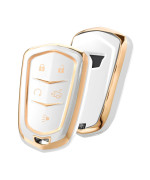 Elohei Key Fob Cover For Cadillac, Key Fob Case For 2015-2019 Cadillac Escalade Cts Srx Xt5 Ats Sts Ct6 5-Buttons Premium Soft Tpu 361 Degree Full Protection (Gold Edge White)