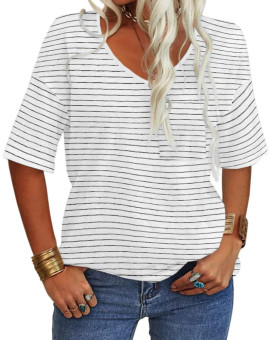 Danedvi Women Black White Stripe T-Shirt Elbow Length Half Sleeve Loose Basic Tops