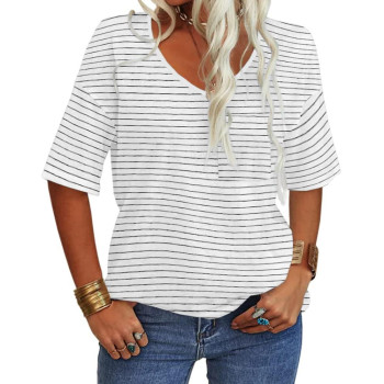 Danedvi Women Black White Stripe T-Shirt Elbow Length Half Sleeve Loose Basic Tops