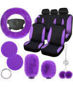 Tallew 17 Pcs Purple Car Seat Cover Full Set, Purple Car Seat Covers For Car Front Rear , Fluffy Steering Wheel Covers Soft
