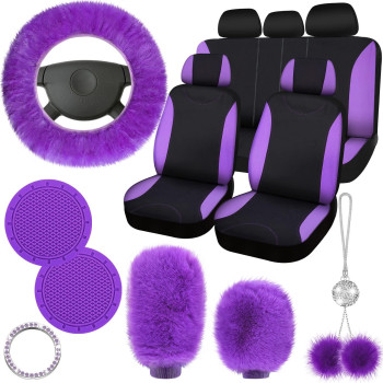 Tallew 17 Pcs Purple Car Seat Cover Full Set, Purple Car Seat Covers For Car Front Rear , Fluffy Steering Wheel Covers Soft