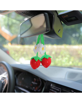 2 Pcs Cute Crochet Strawberry Car Hanging Ornament For Car Rearview Mirrior Decor, Car Mirror Hanging Charms Accessories, Car Pendant Fruit For Gift-Handmade Knitted (Red)