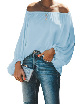 Paitluc Long Sleeve Shirts For Women Fashion Lantern Sleeve Off The Shoulder Blouses Sky Blue Size L