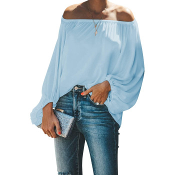 Paitluc Long Sleeve Shirts For Women Fashion Lantern Sleeve Off The Shoulder Blouses Sky Blue Size L