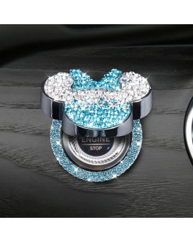 Pangpai Car Cute Push To Start Button Cover Accessories, Blue Crystal Rhinestones Car Engine Start Stop Button Cover, Bling Car Decoration Interior Sticker For Women Girl