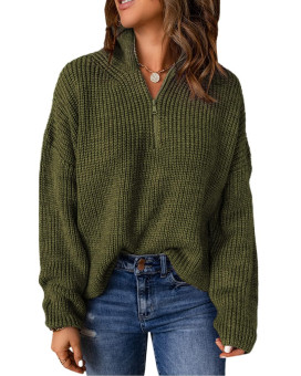 Evaless Long Sleeve Sweater For Women Fall Outfits Clothes Business Casual Vintage Cable Knit Crop Tops Quarter Zip Stand Collar Thick Christmas Sweaters Oversized Green Pullover Sweaters,Large Size