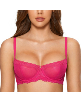 Dobreva Womens Sexy Lace Bra Underwire Balconette Unlined Demi Sheer Plus Size Bright Rose 34A