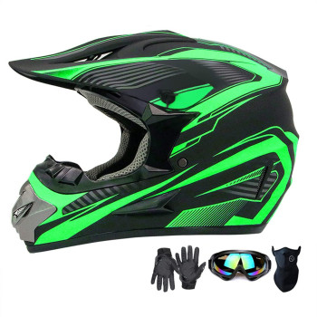 Motocross Helmet,Adult Youth Trend Full Face Helmet,Atv Motorcycle Helmet,Dirt Bike Downhill Off-Road Mountain Bike Helmet,Dot Certified,4-Piece Set (Green, Xl)